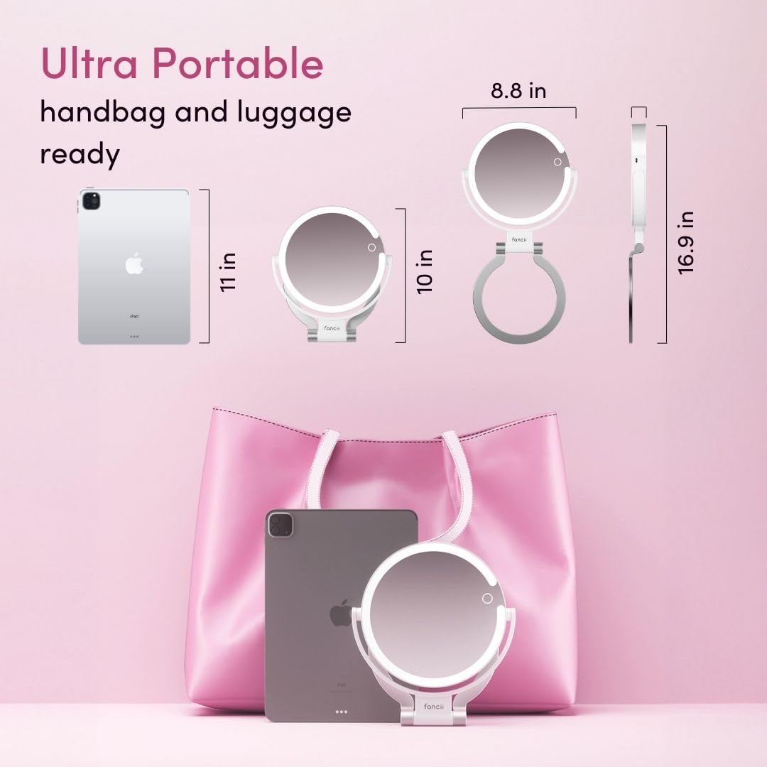 Fancii Travel Magnifying Mirror 10x /1x with Lights, Rechargeable | 9-Inch Extra Large LED Lighted
