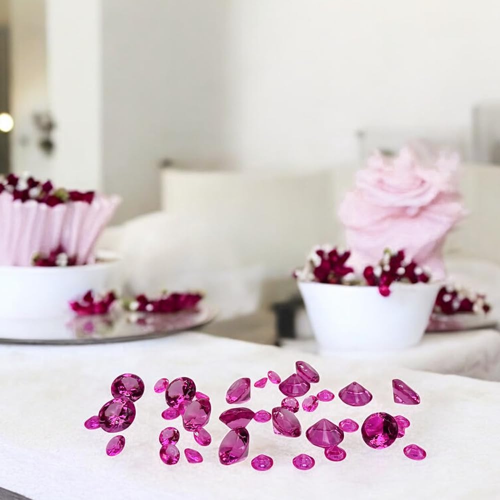 HappyFiller 720 Pcs Fuchsia Acrylic Diamonds Gems for Wedding Decorations Table Scatters,Vase