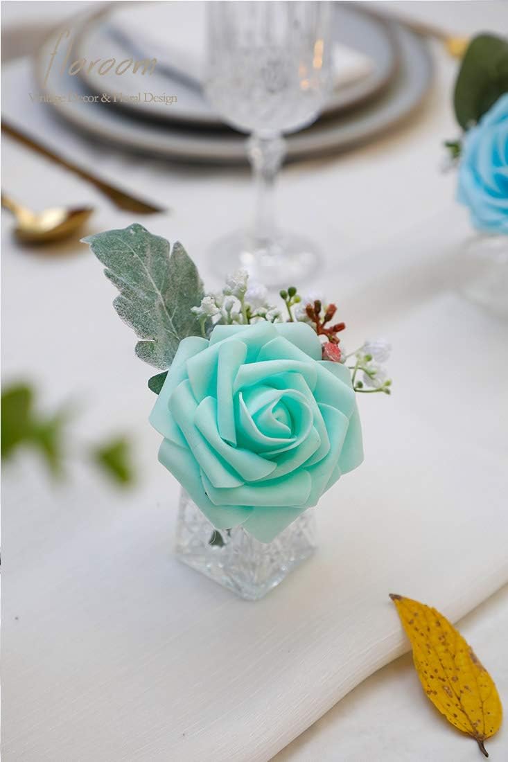 Floroom Artificial Flowers 25pcs Real Looking Robin's Egg Blue Foam Fake Roses with Stems for DIY