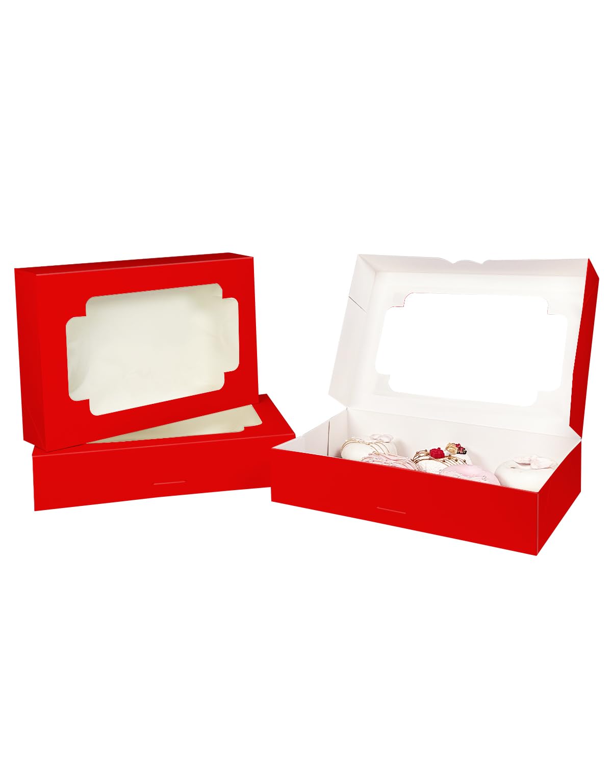qiqee Auto-pop up Red Cookie Box with Window 12x8x2.5 inch 32 Packs Two Uses One Second Folding