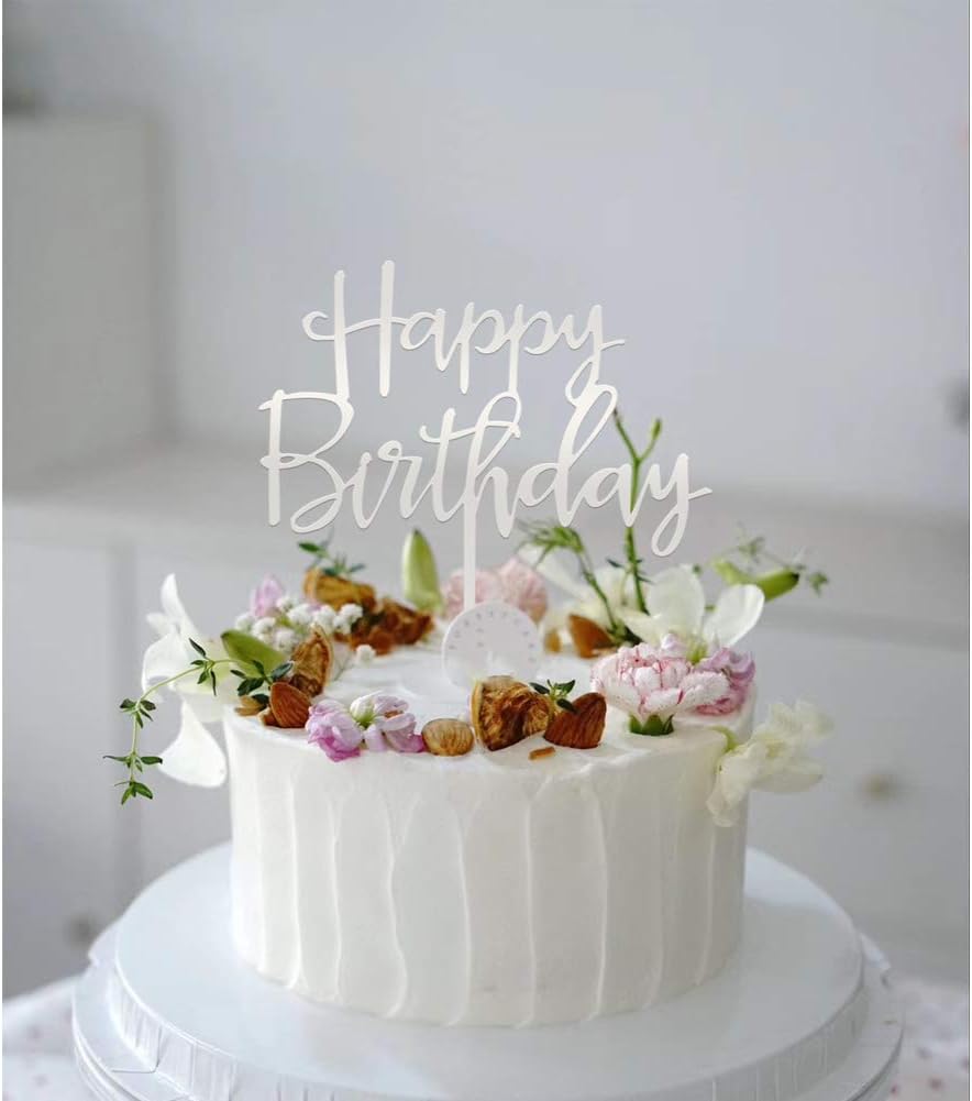 Happy Birthday Cake Topper, Mirrored Silver Acrylic Versatile Cake Topper for Birthday Party