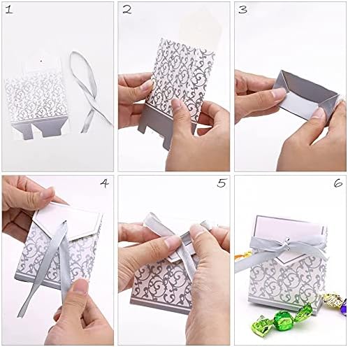 KUPOO 50PCS Candy Boxes,Silver Ribbon Wedding Favor Boxes Candy Bag Cake Box for Wedding Party