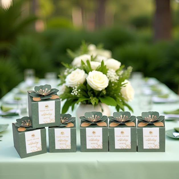 FEIYI 20 PCS Favor Boxes, 3 In 1 Olive Green Candy Boxes with Floral Decor, White Thank You Tags