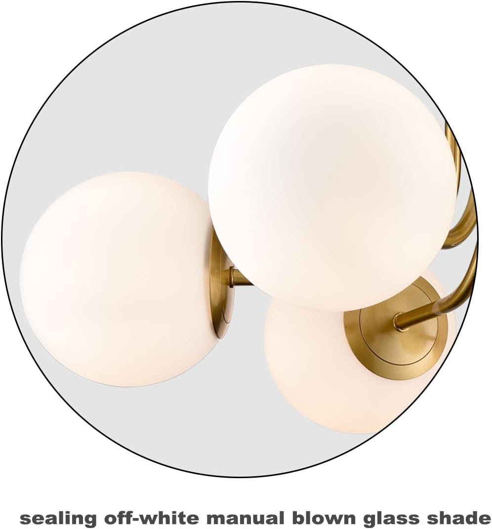 Modern Brushed Brass Gold 6-Light Ceiling Light with Globe White Glass Shade Semi Flush Mount Light