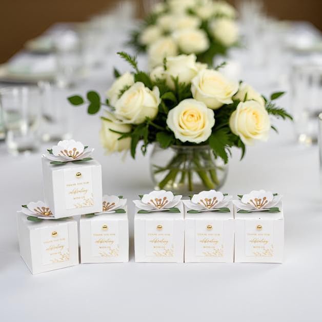 FEIYI 20 PCS Favor Boxes, 3 In 1 White Candy Boxes with Floral Decor, White Thank You Tags Gold