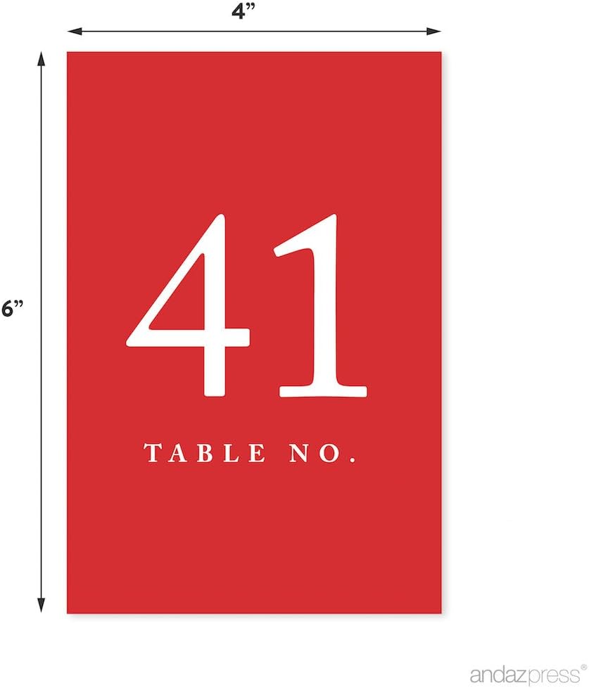 Andaz Press Red Wedding Table Numbers 41-60, 4x6-Inches Table Number Cards For Wedding Reception