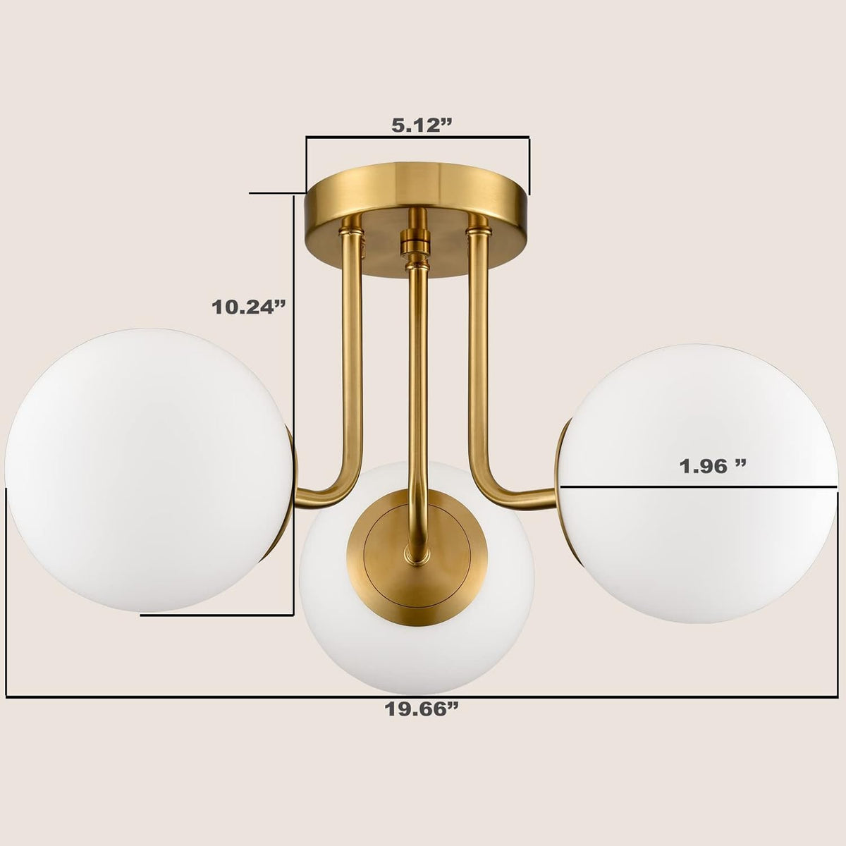 Modern Brass Gold 3-Light Ceiling Light with Globe White Glass Shade Semi Flush Mount Ceiling Light