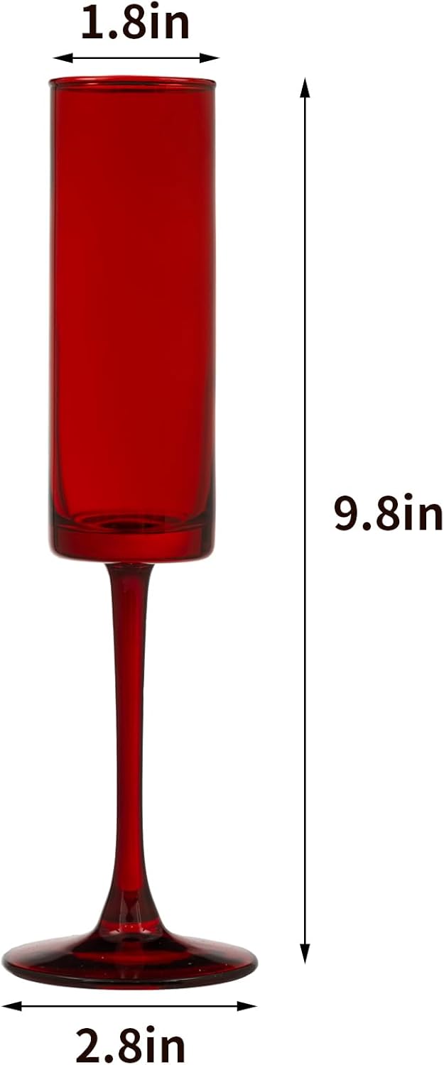 24 Pieces Red Champagne Flutes 6 OZ Straight Sided Wine Glasses Champagne Long Stem Drinking