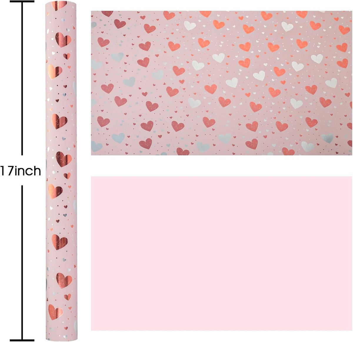 Burymento Gold Foil Heart Wrapping Paper, Reversible Pink Gift Wrap for Birthday, Valentines