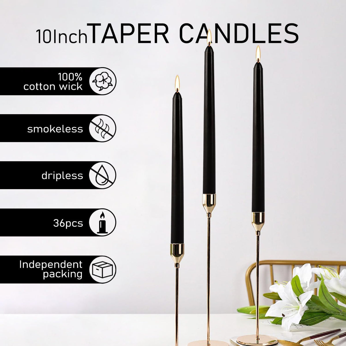36-Pack 10-Inch Black Taper Candles - Drip-Free Unscented, Long Burning for Dinner Parties