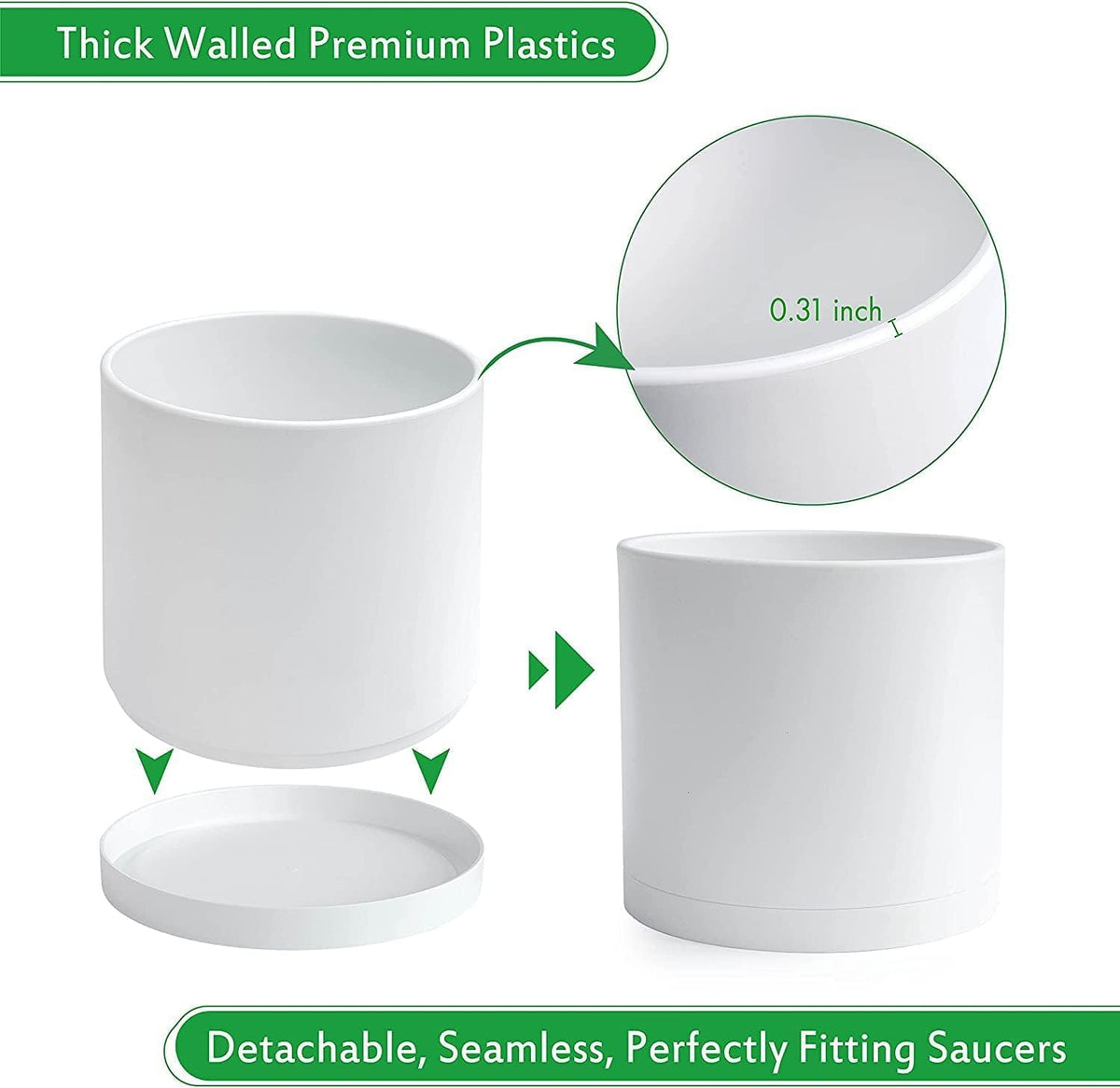 D'vine Dev 2 Pack 10 Inch Modern Plastic Plant Pots, Cylindrical Garden Planters for Plants with