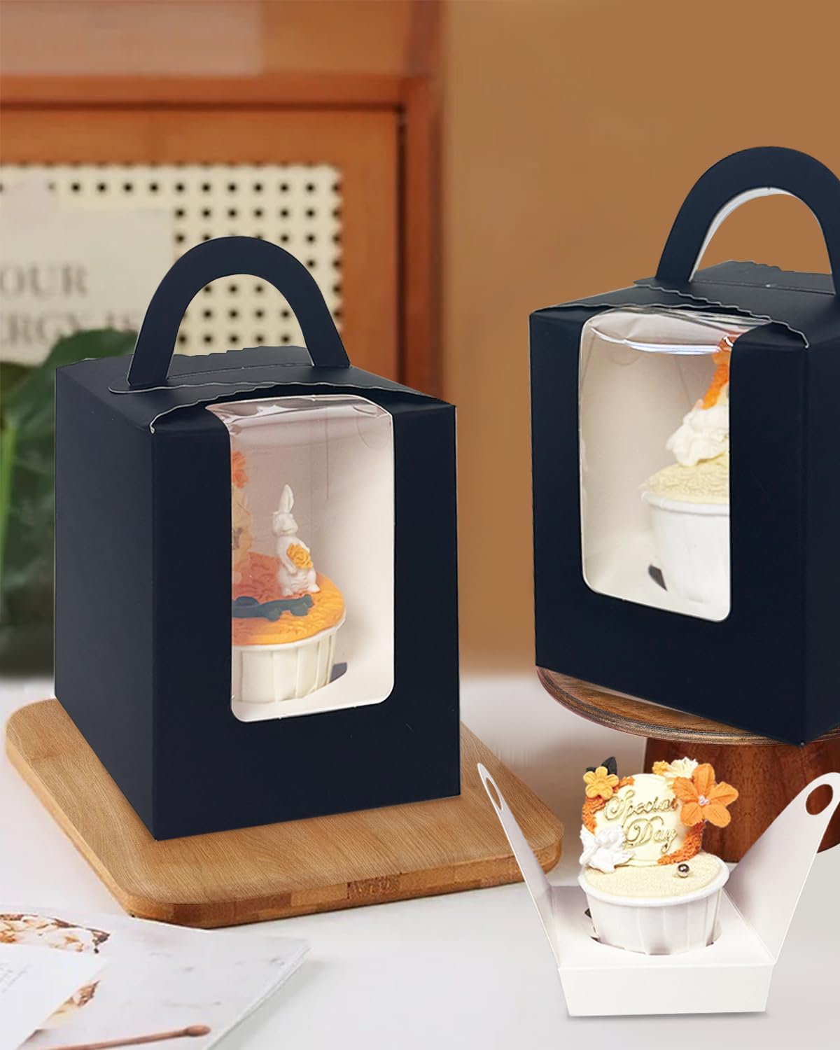 Bakepacker Auto-pop up Individual Cupcake Boxes with Window 25 Count Black Single Cupcakes Box 3.6