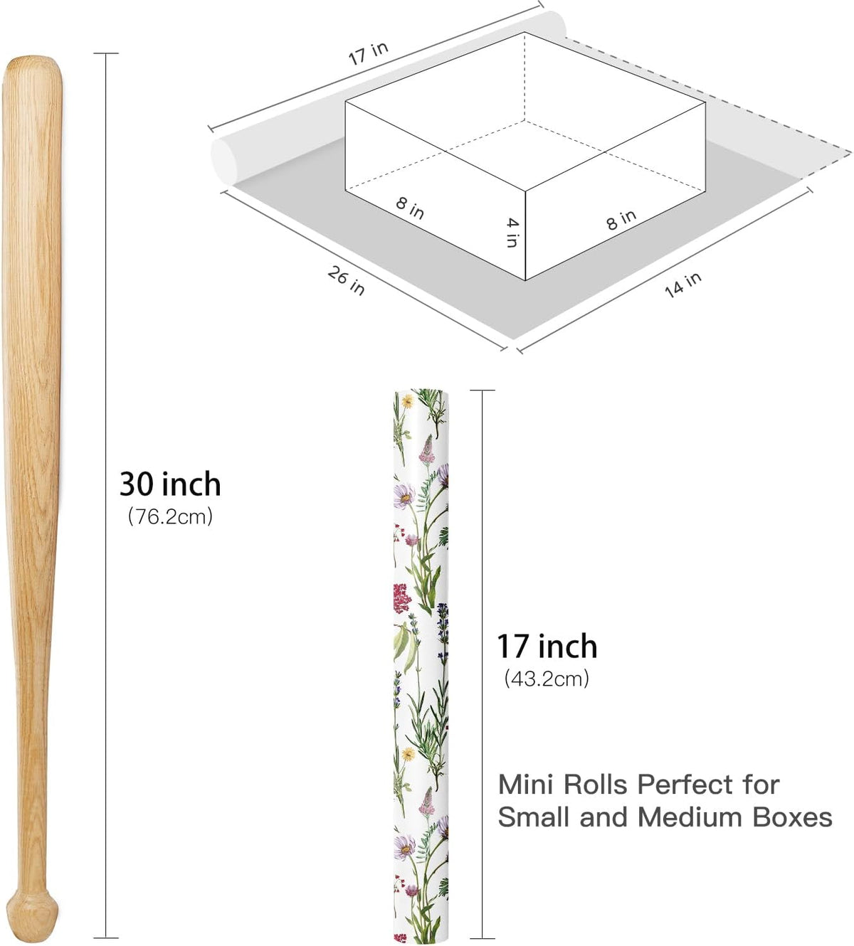 RUSPEPA Floral Wrapping Paper Roll for Women Girls, Mini Roll, Elegant Wild Flower Design Gift Wrap