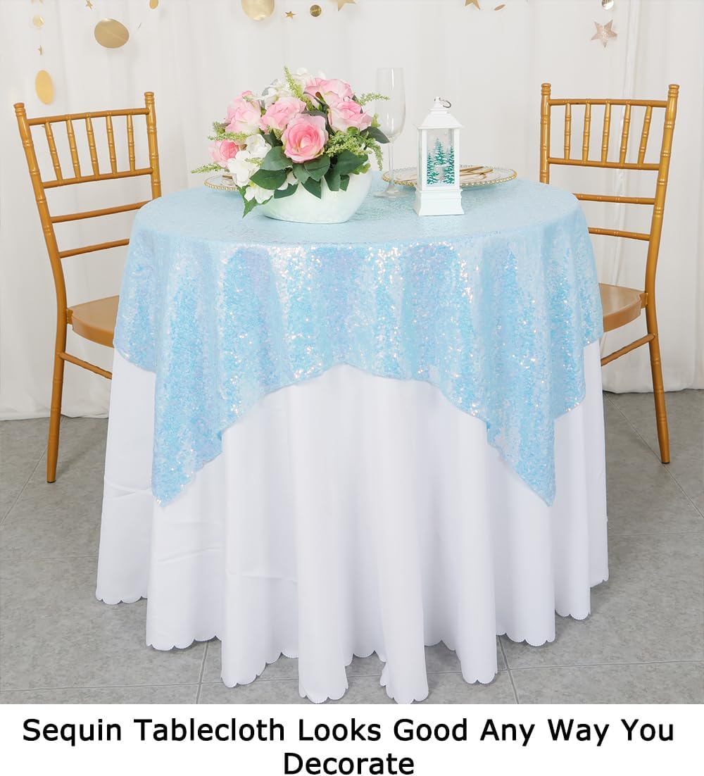 ShinyBeauty Iridescent Aqua Sequin Tablecloth Square Overlay Aqua Blue Tablecloth Cover Glitter
