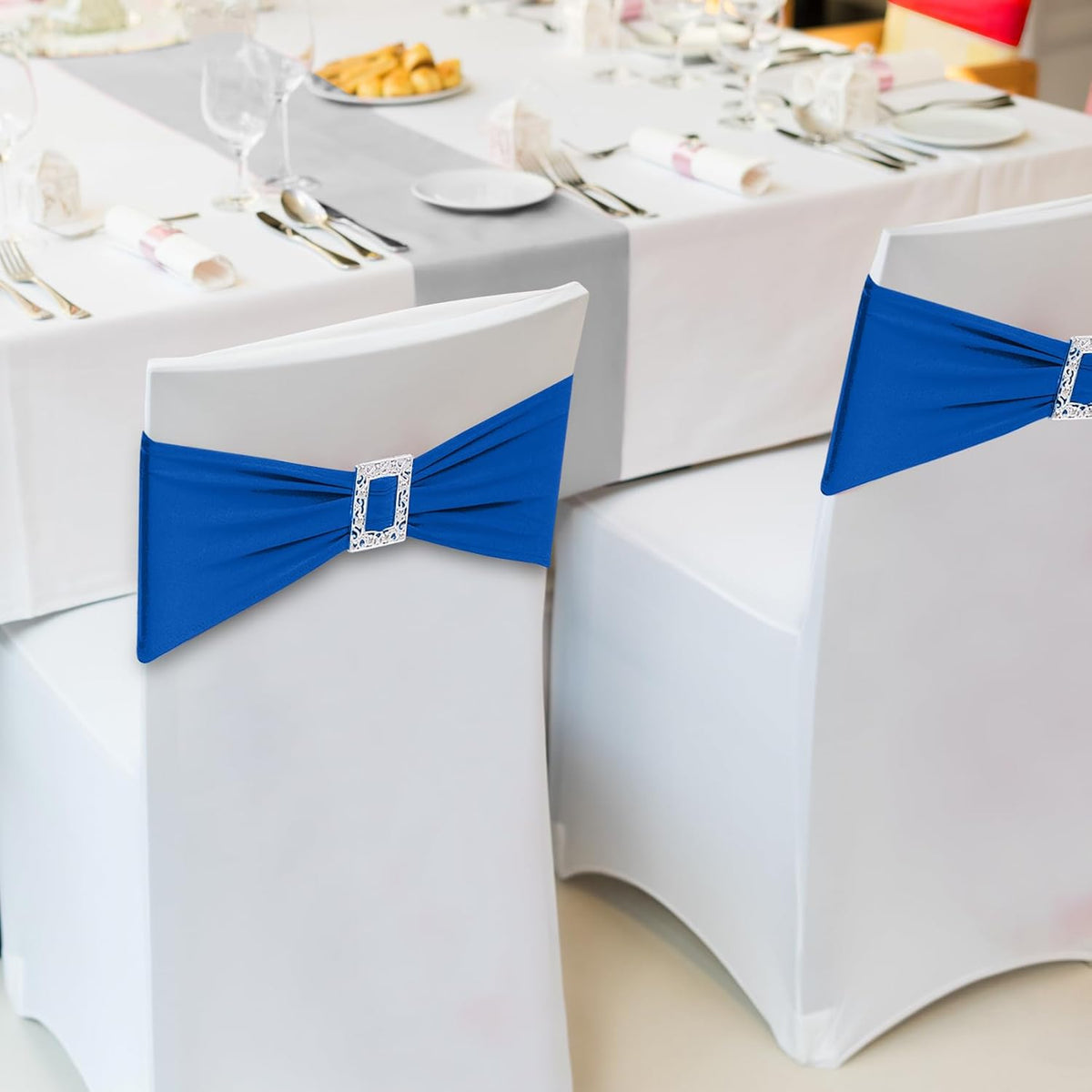 Joccun 120 PCS Spandex Chair Sashes Bows Stretch Chair Cover Band with Buckle Slider Universal