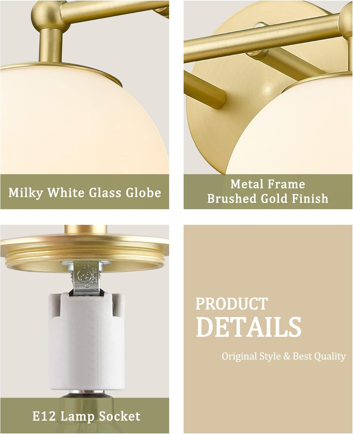 Gold Bathroom Light Fixtures, 2-Light Vanity Lights Over Mirror Wall Sconce with White Etched Glass