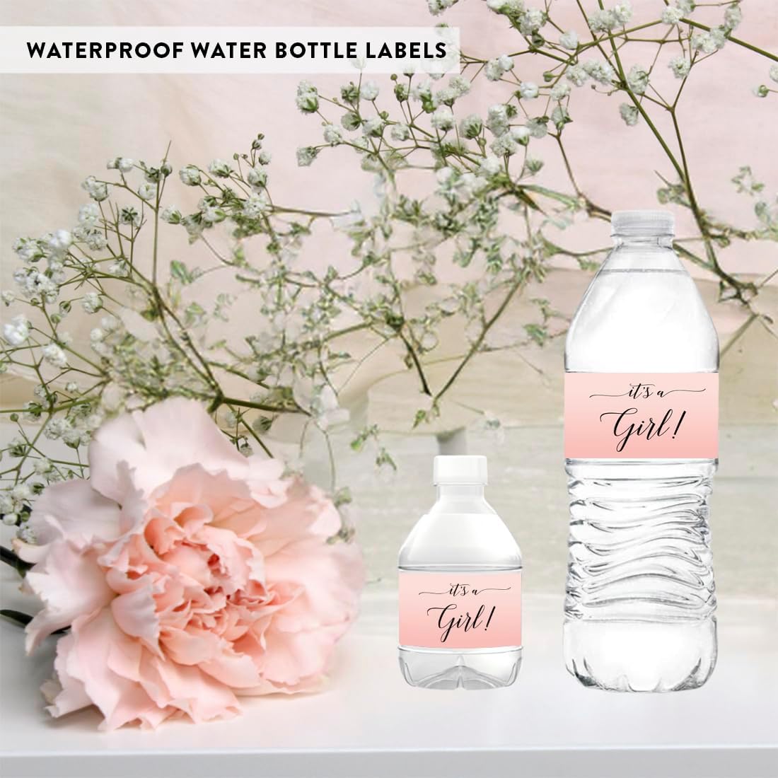 Andaz Press Blush Pink Rose Elegant Party Baby Shower Collection, Waterproof Water Bottle Labels