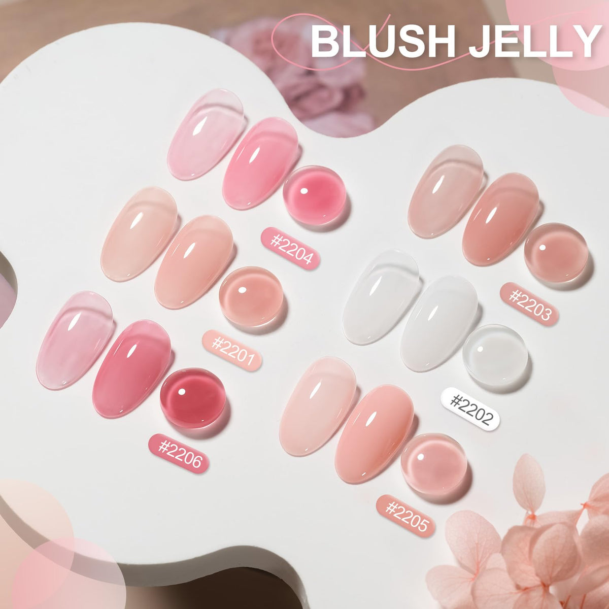 GAOY 6 Colors Rubber Base Gel Set, Jelly Builder Base Nail Gel Nude Sheer White Pink, 2-in-1 Soak
