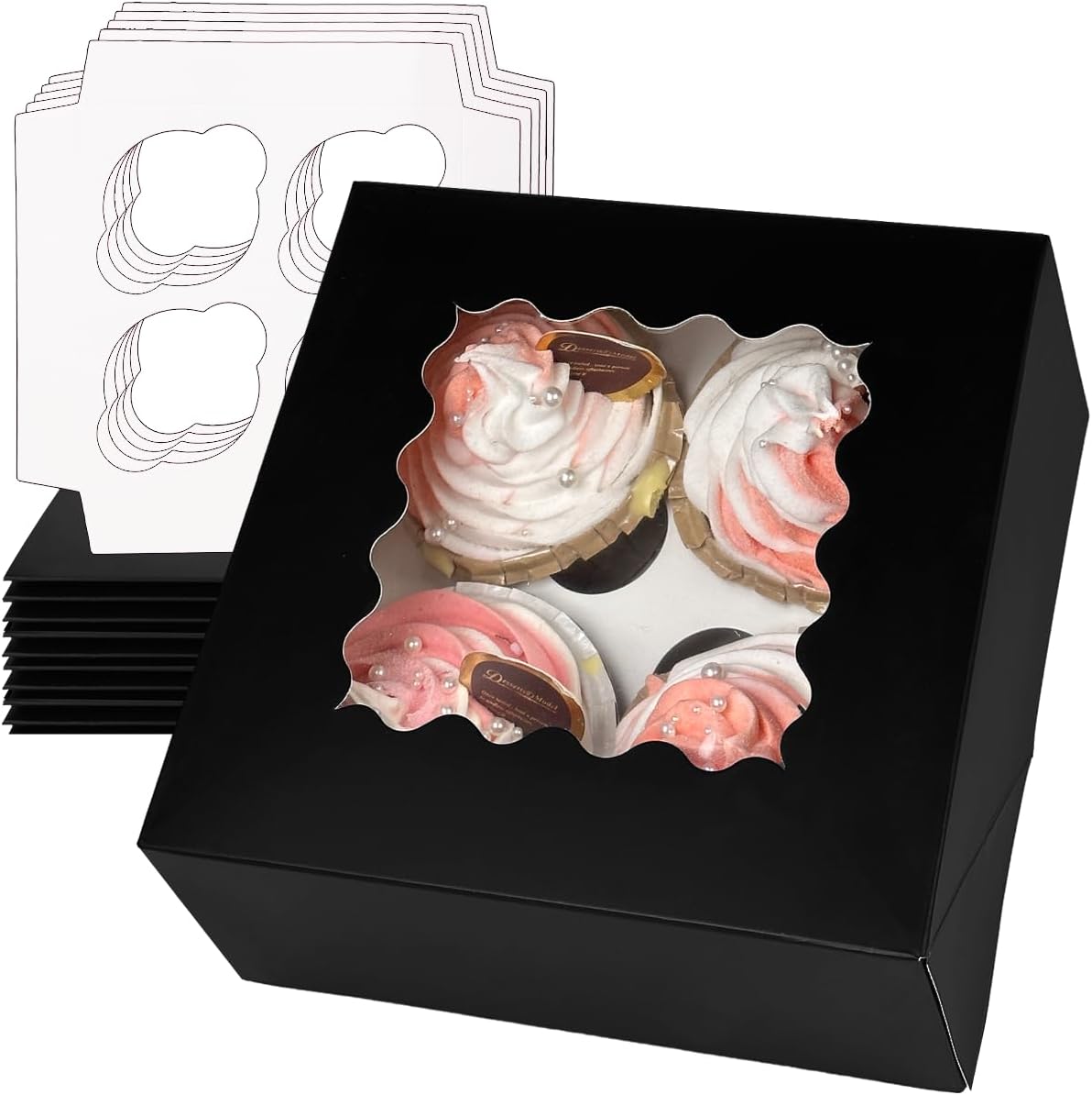 Bakepacker Auto-pop up 4 Cupcake Boxes with Window 20 Count Black Box 6.3 x 6.3 x 3inch Cupcake