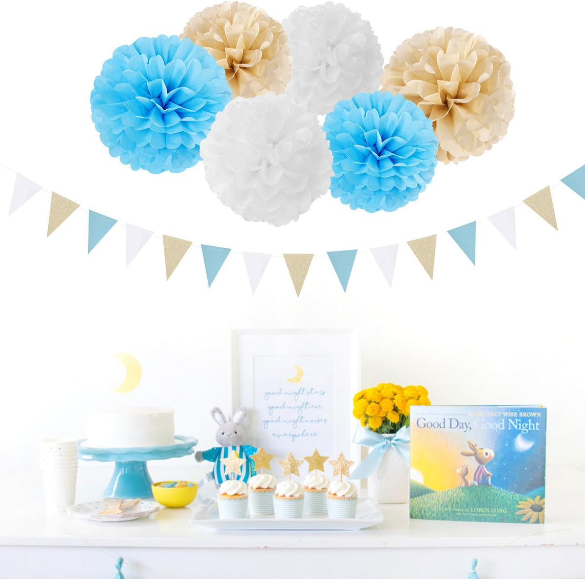 Light-Blue White Boho Champagne-Gold Party-Decorations - 23pcs Boy Birthday Baby Shower Paper