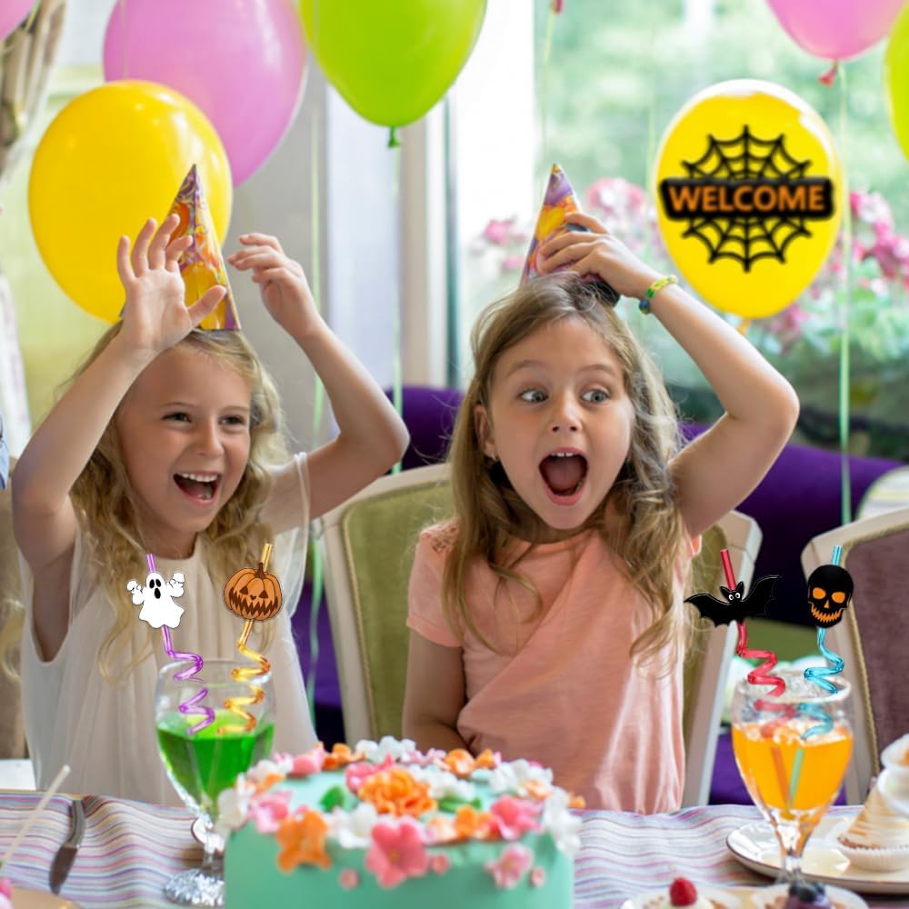 24 Pcs Halloween Party Favors - Reusable Plastic Crazy Straws with Bats, Pumpkin, Witch, Ghost