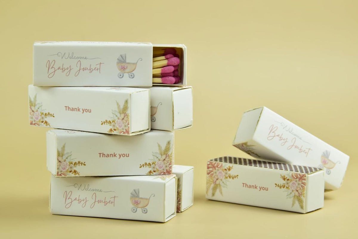 Customizable Baby Shower Matchboxes – Set of 10 – Cute Baby Design – Colorful Matchsticks – Perfect