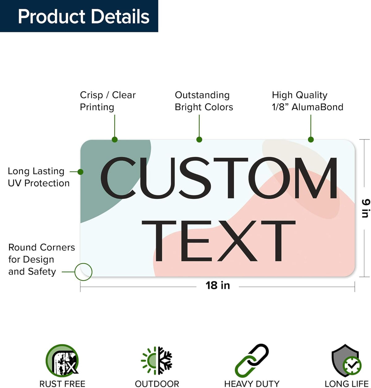 Custom Sign, Custom Street Sign, 11 Font Colors, 13 Font Styles, 4 Hole Options, 22 Sizes, 9x18