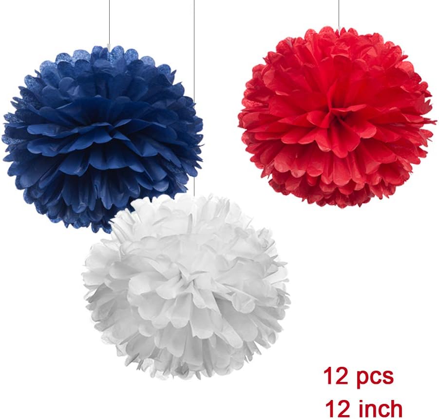 12" Red White Blue Tissue Pom Poms DIY Hanging Paper Flower Balls for Nautical Party Decoration 4th