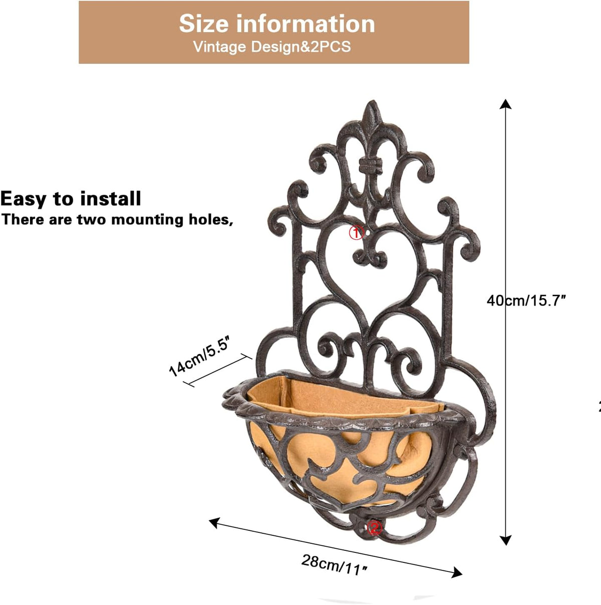 Sungmor 2 Pack Wall Hanging Planter Basket with Fabric Liner, Antique Victoria Style Cast Iron Wall