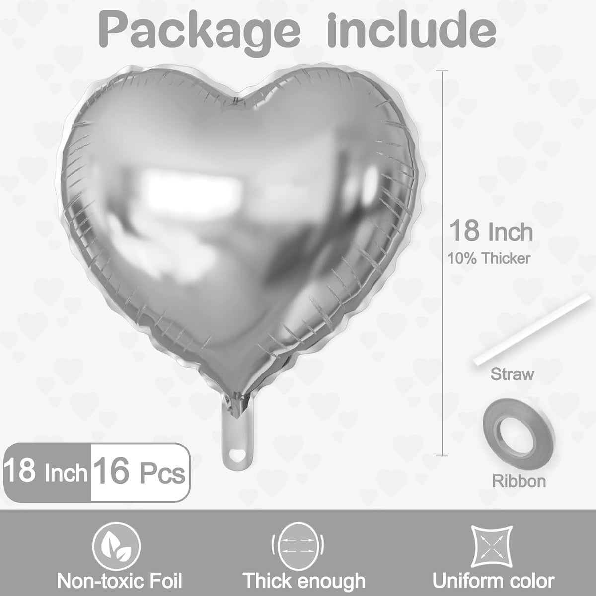 16 Pcs Heart Balloons, 18 Inch Silver Love Heart Shaped Foil Balloons for Wedding Anniversary