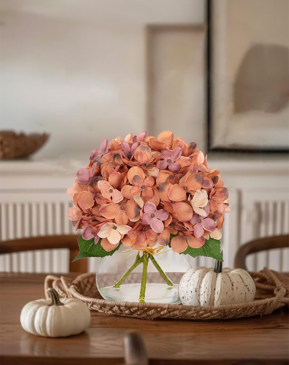 Hollyone Fall Hydrangea Artificial Flowers for Decoration with Glass Vase Dark Peach Autumn Silk