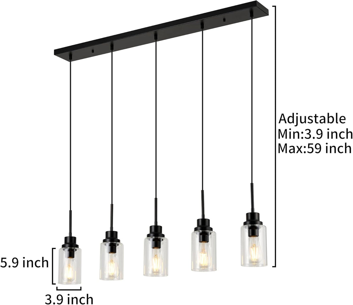 Black Dimmable Pendant Lighting for Kitchen Island, 5-Light Modern Pendant Lights for Kitchen
