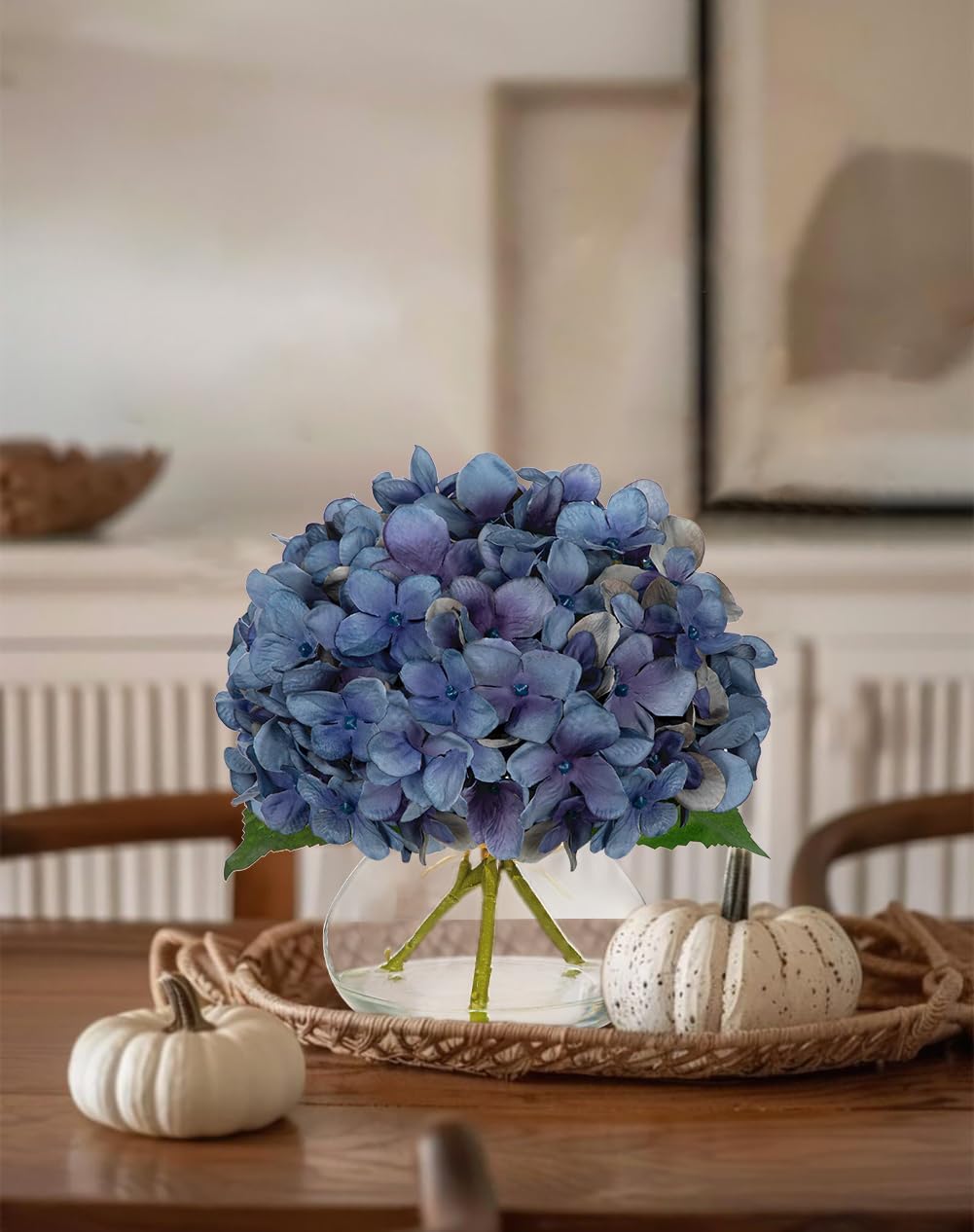 Hollyone Blue Hydrangea Fall Flowers Artificial for Decoration with Glass Vase Autumn Silk Faux