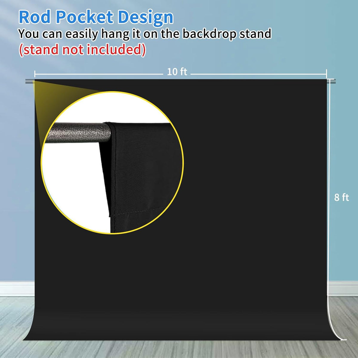 HEMMOTOP Black Backdrop 10x8 ft, Black Photo Backdrops for Photoshoot, Polyester Fabric Background