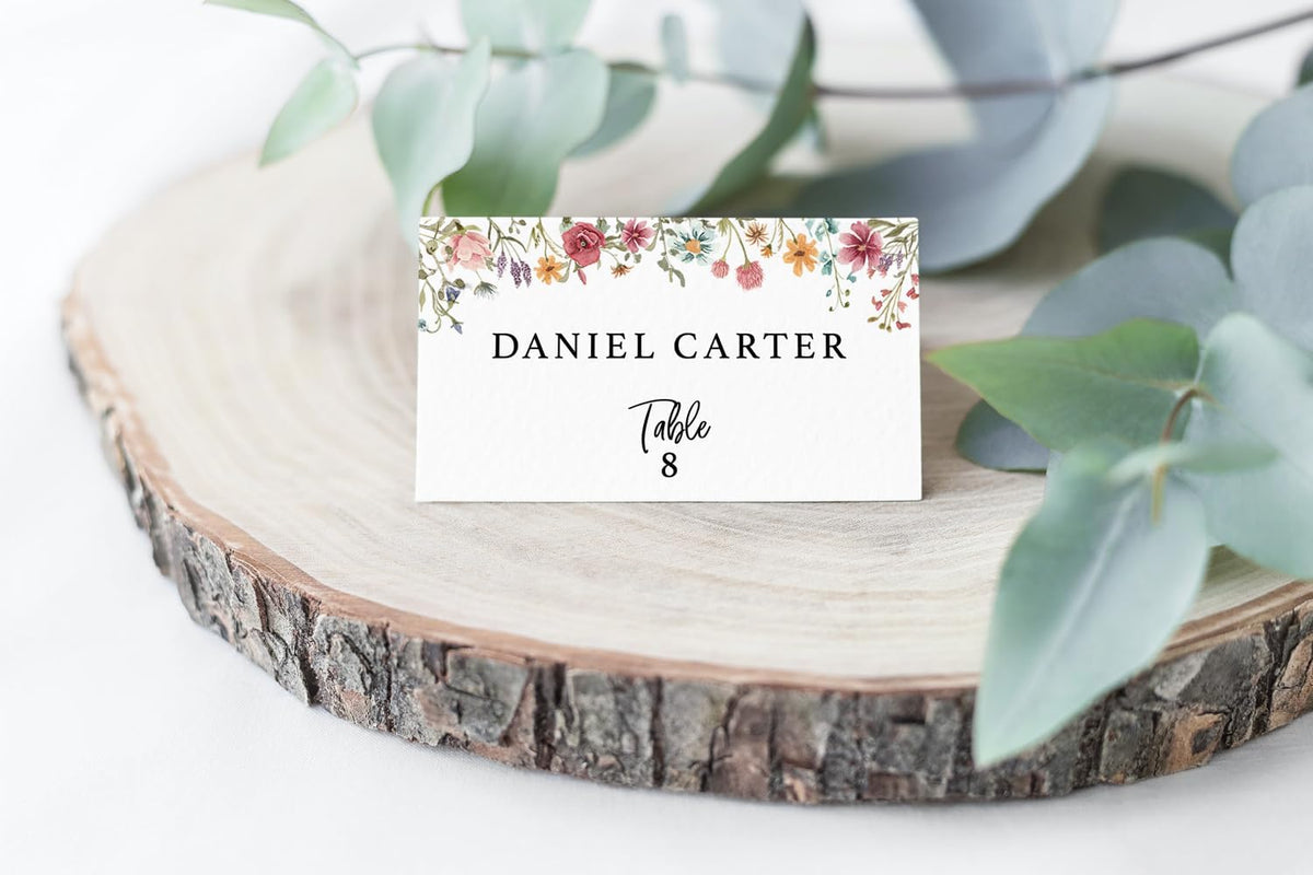 Printed Party Place Cards for Table Setting – Set of 25 Blank Name Cards – Wildflower Design for
