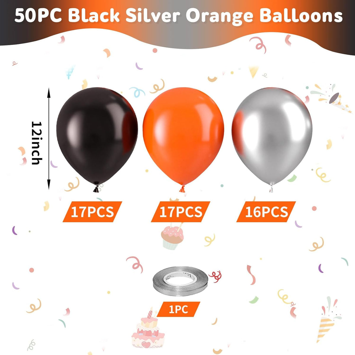 Black Orange Silver Balloons, 50pcs Black Orange Balloons, Metallic Silver Matte Orange Black
