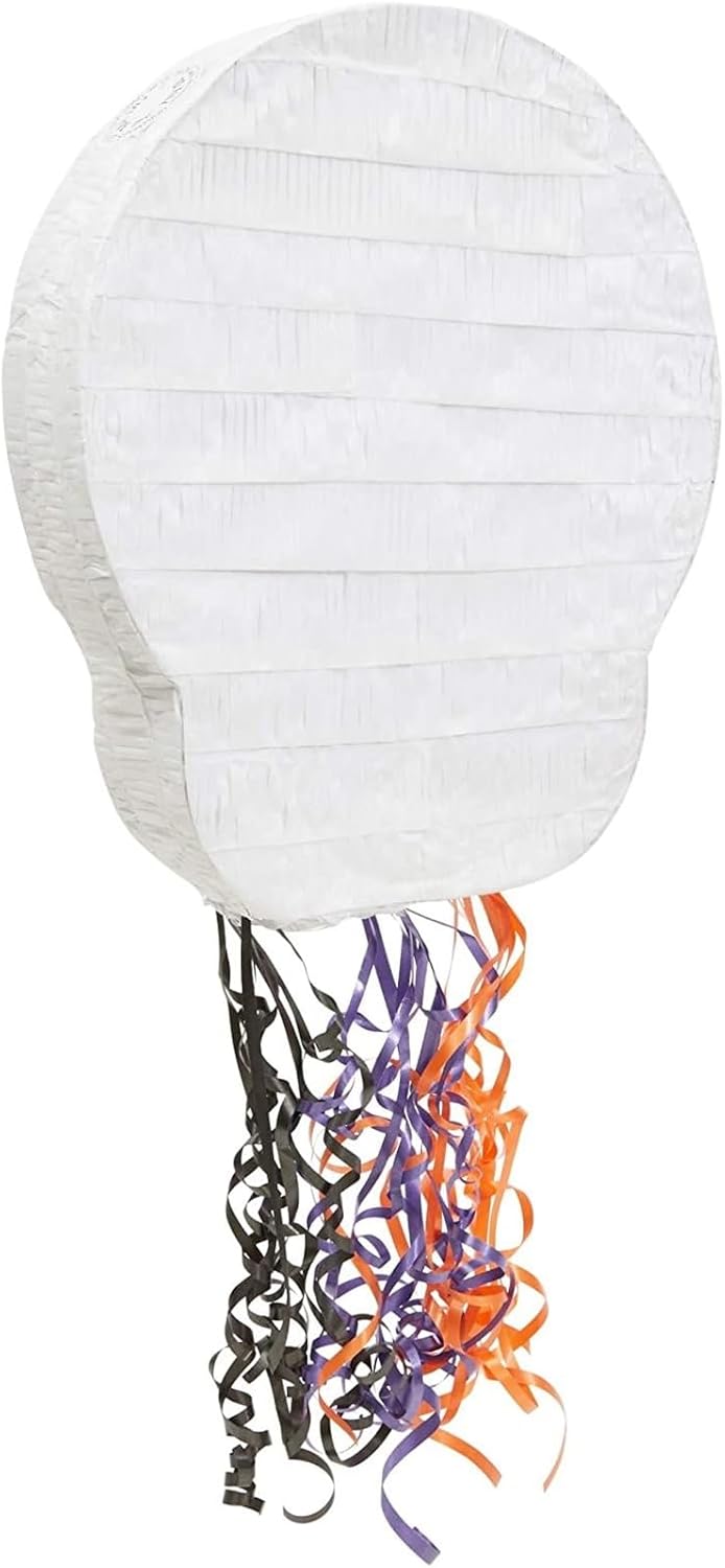 Skull Pinata Pull-String - 13 x 15 x 3 in, Multicolor Paper, Skeleton Style - Halloween Skeleton