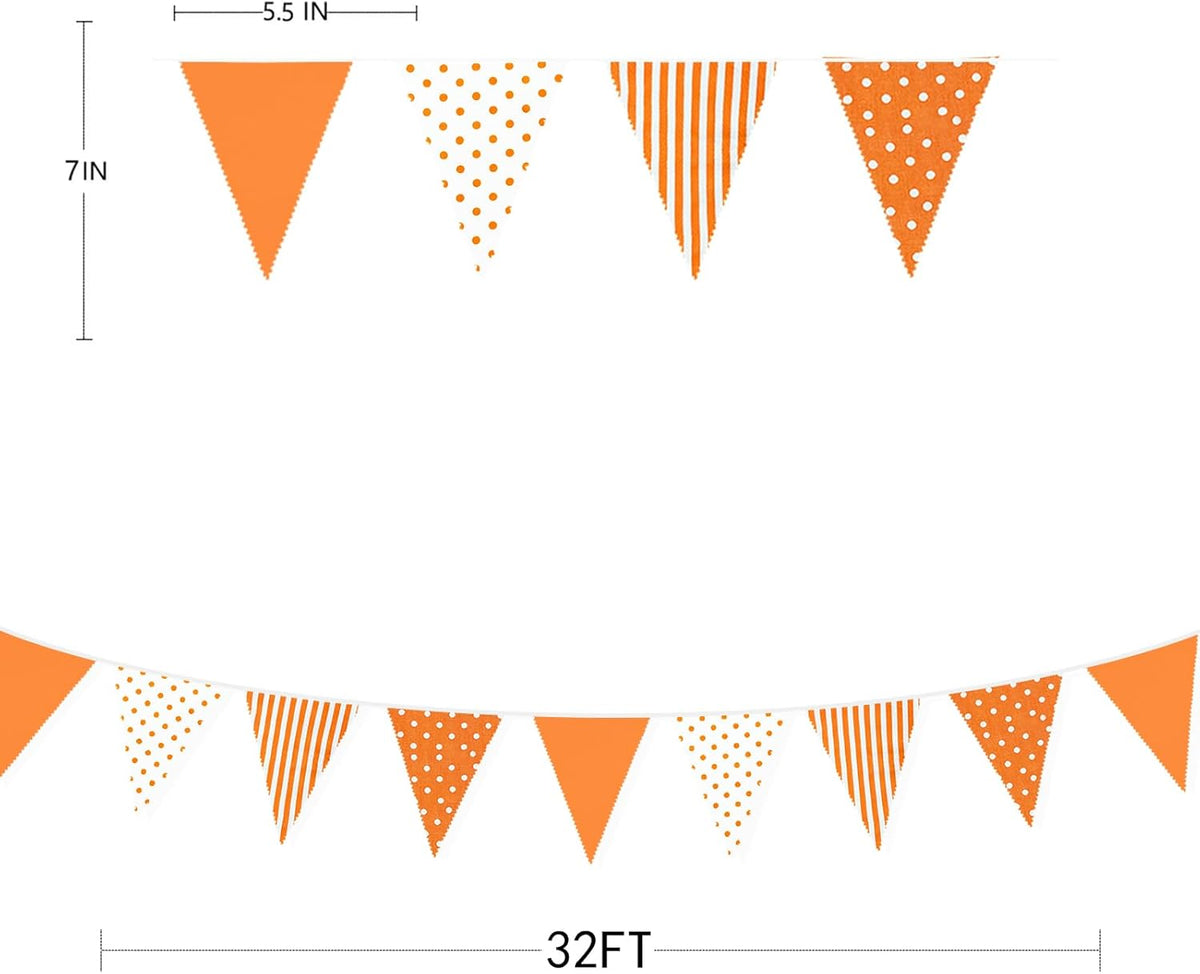32Ft Orange Stripe Dot Triangle Flag Fabric Banner Cotton Pennant Garland Bunting Streamer for Fall