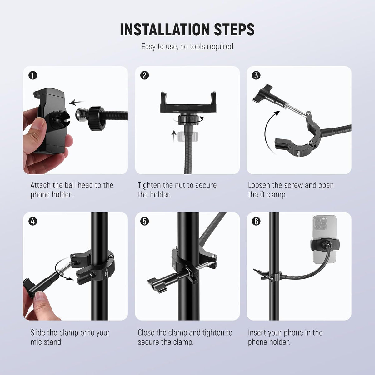 NEEWER BASICS Mic Stand Phone Holder with Flexible Arm, 360° Ball Head Boom Arm Microphone Floor