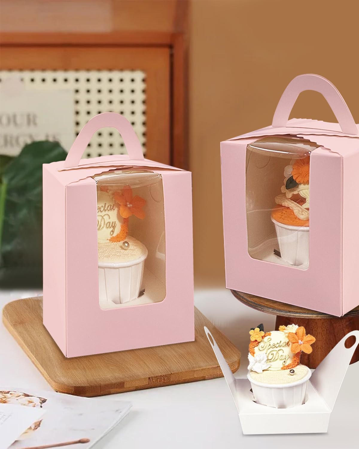 Bakepacker Auto-pop up Individual Cupcake Boxes with Window 25 Count Pink Single Cupcakes Box 3.6 x
