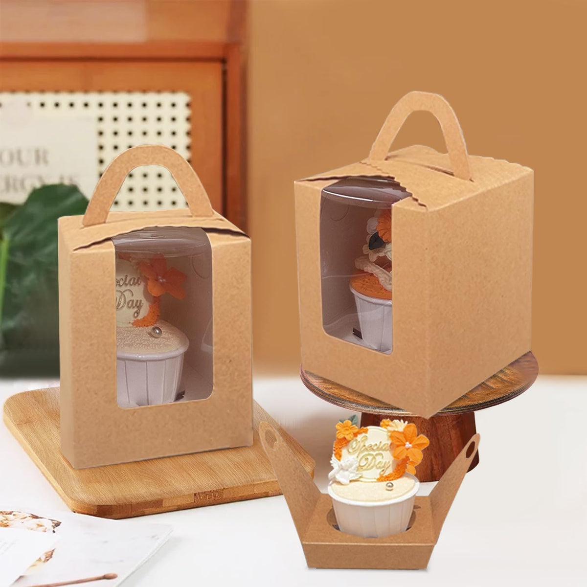 Bakepacker Auto-pop up Individual Cupcake Boxes with Window 25 Count Brown Single Cupcakes Box 3.6