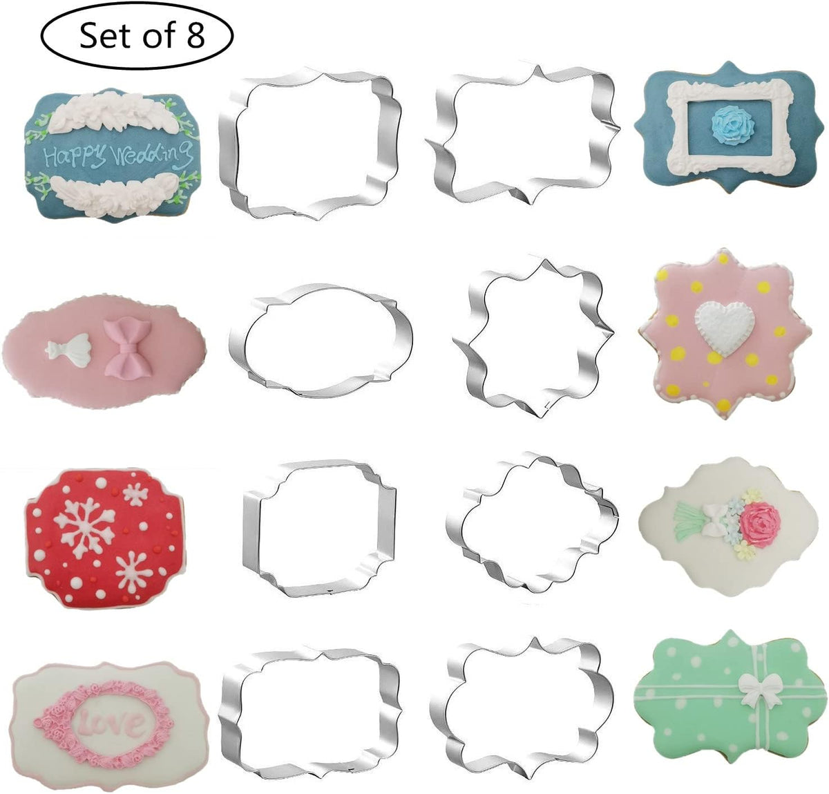 Fancy Plaque Cookie Cutters Set of 8 pcs, Stainless Steel Wedding Frames Shaped Fondant Cutter