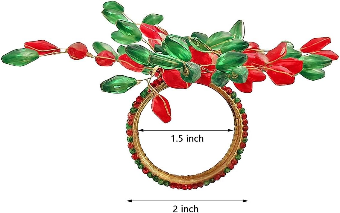 Handcrafted Beaded Napkin Rings Set of 6 – Red & Green Crystal Flower Design, Elegant Table Décor