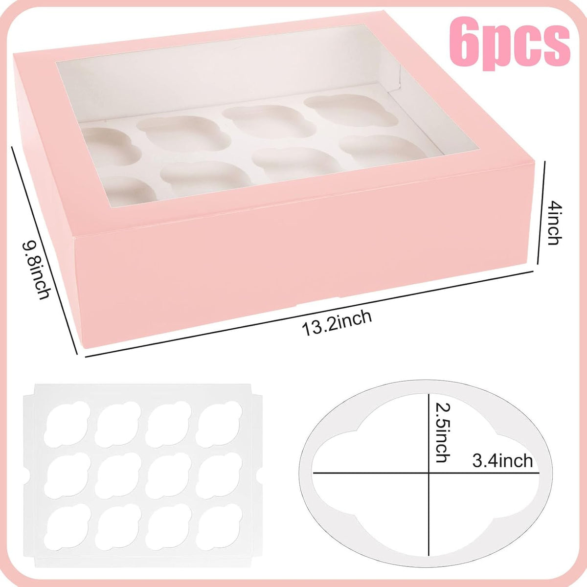VGOODALL 12 Count Cupcake Boxes, 6PCS 13.2x9.8x4Inches Pink Cupcake Container with Window Boxes