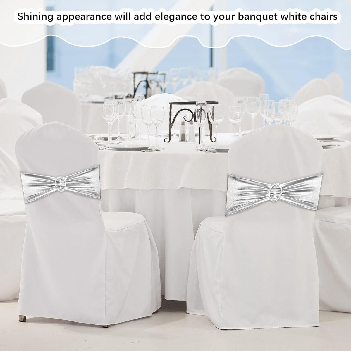 CHENGU 150 Pieces Spandex Stretch Chair Sashes Bows Elastic Chair Cover Bands Ties with Buckle