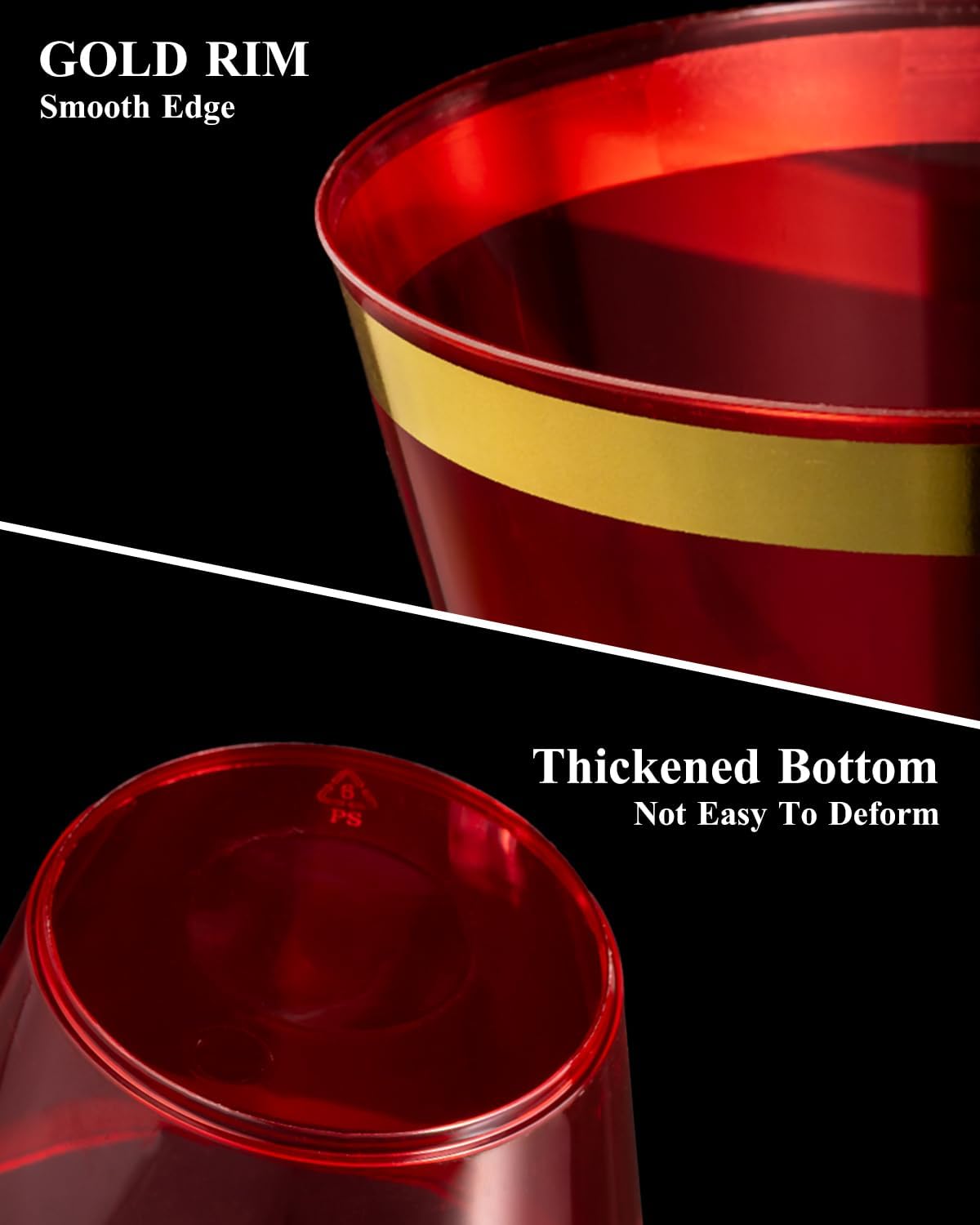 Goodluck 50PCS 14oz Red and Gold Plastic Cups for Party, Disposable Gold Rim Cups, Plastic Cocktail