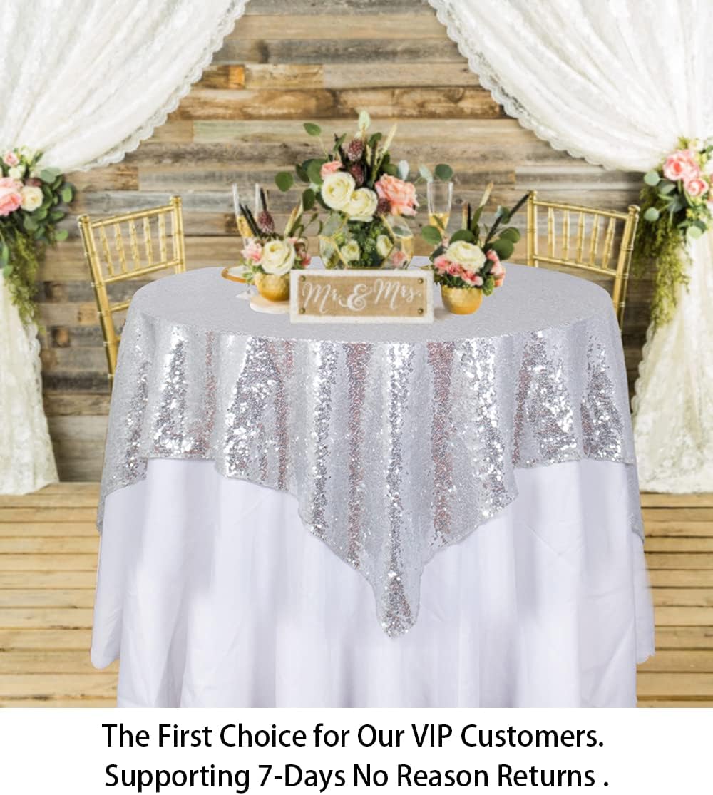 ShinyBeauty Sequin Tablecloth 36x36-Inch-Silver Square Glitter Table Cover Silver Table Cloths for