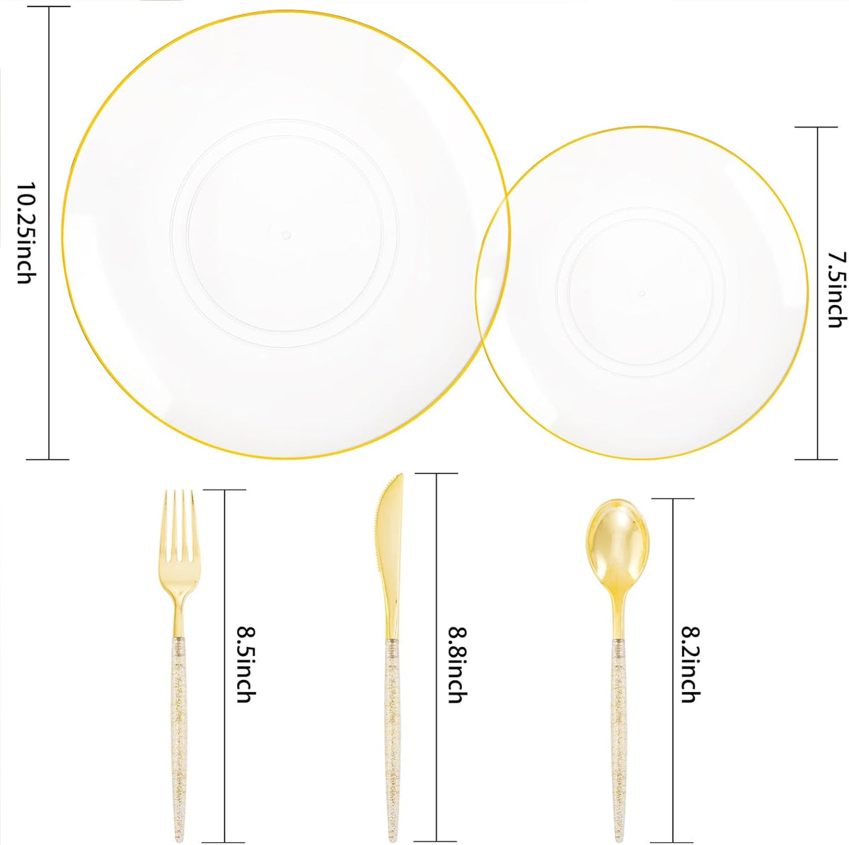 Liacere 150PCS Clear Gold Plastic Plates - Gold Plastic Silverware with Glitter Handle - Clear