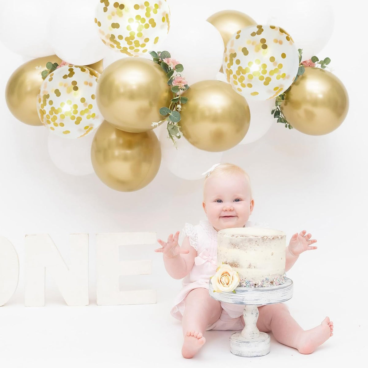 Patimate White and Gold Balloons Set, 50 pcs 12 inch Metallic Gold White Gold Confetti Latex