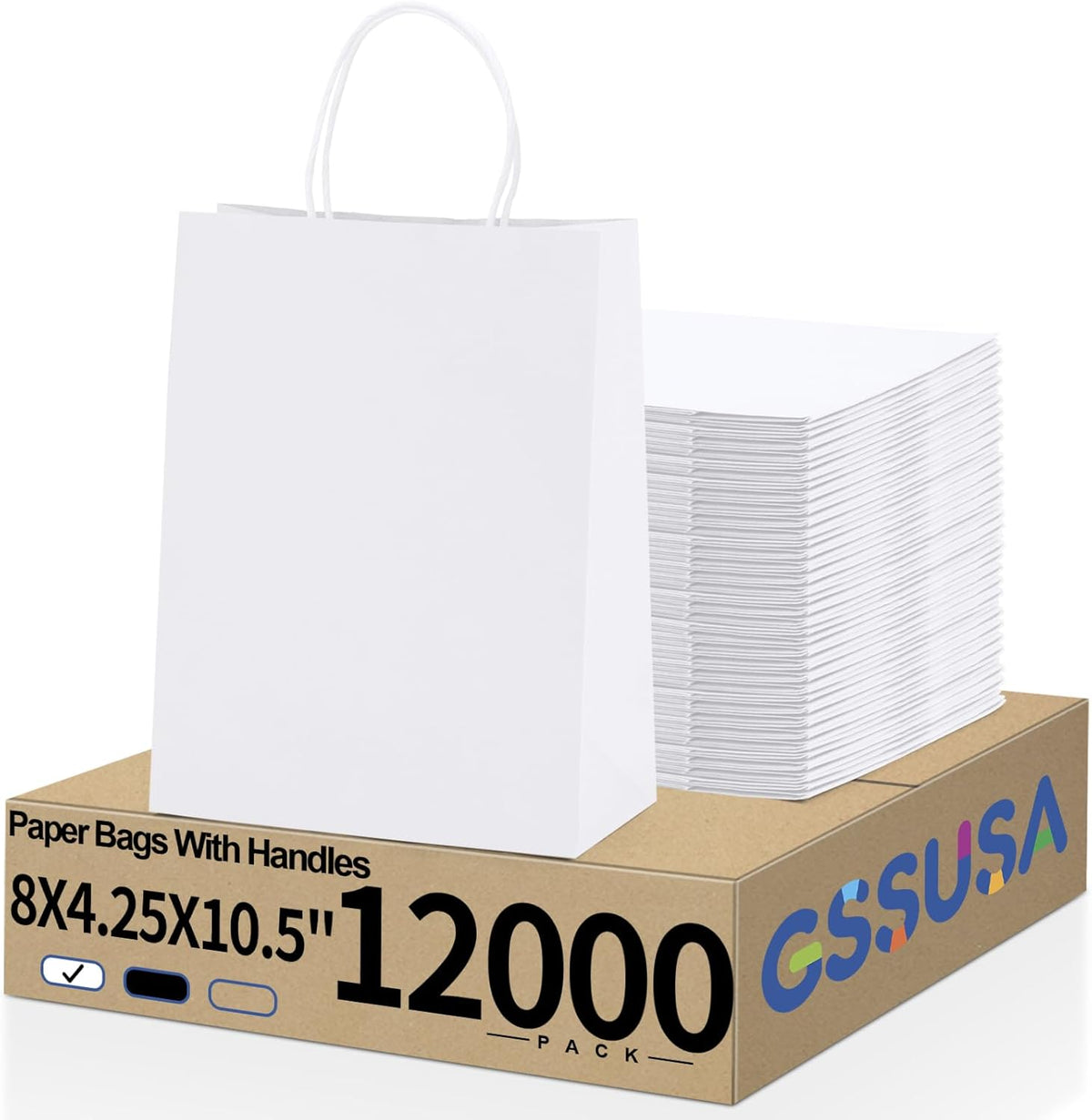 GSSUSA 12000 Pack 8x4.25x10 Inch Paper Bags with Handles Bulk, White Paper Gift Bags for Small